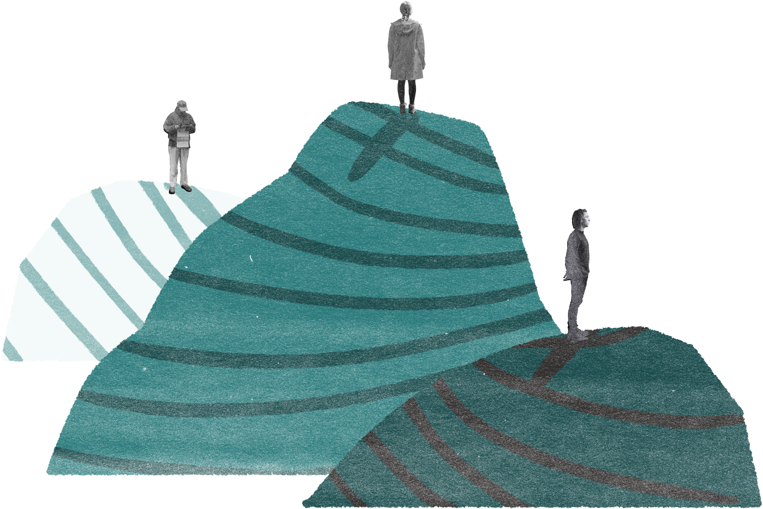 Torn-paper mountain ridgelines with grayscale cut-out figures standing on the peaks