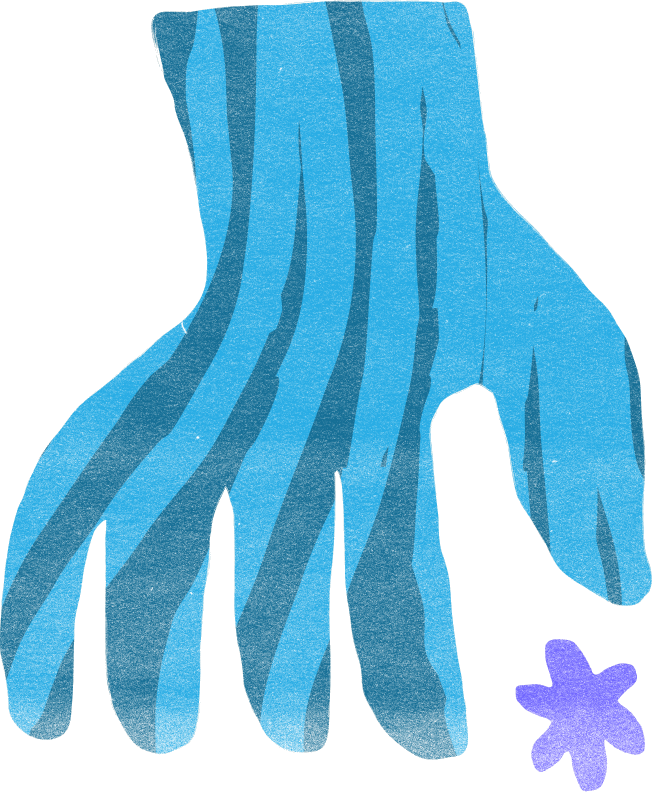 Grain-textured illustration of an open blue hand, with a small violet flower accent